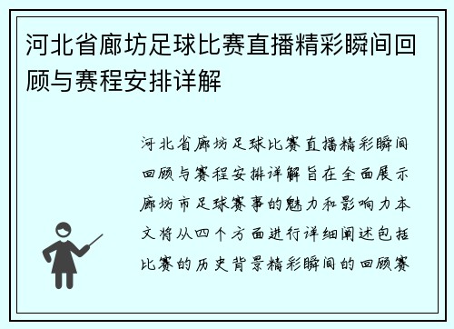 河北省廊坊足球比赛直播精彩瞬间回顾与赛程安排详解